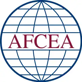 AFCEA logo featuring a blue outlined globe with intersecting latitude and longitude lines, and the acronym AFCEA written in large red capital letters across the center.