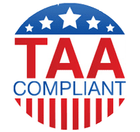 A circular badge with blue and white stars on top, red TAA in large letters, and COMPLIANT in blue below. The bottom features red and white stripes, resembling the U.S. flag.